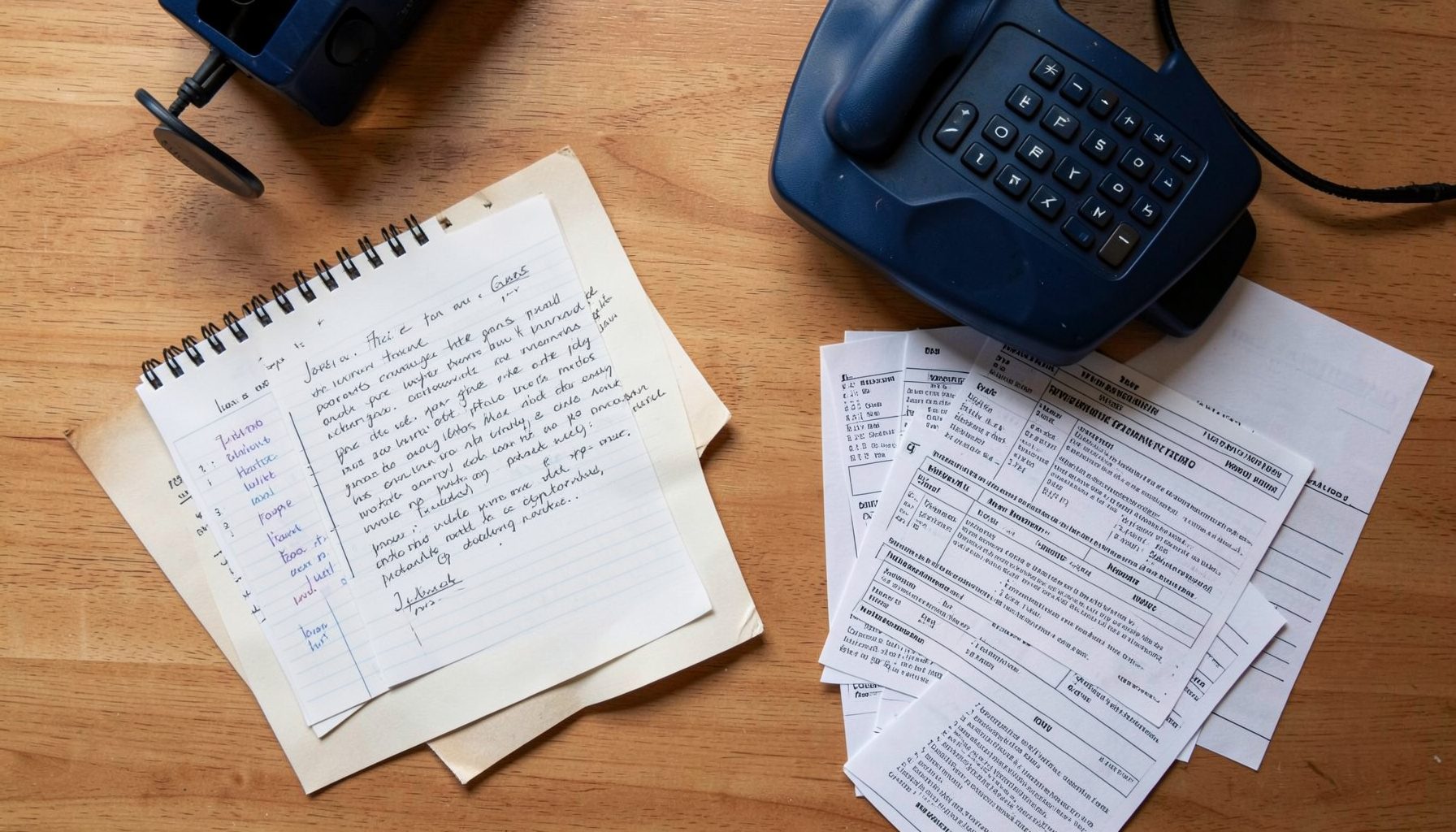 Overhead flat-lay photograph of academic research materials: a spiral-bound notebook with handwritten notes, a telephone handset resting on a desk, and scattered printed interview schedules on a warm wooden surface, with soft natural light casting gentle shadows.