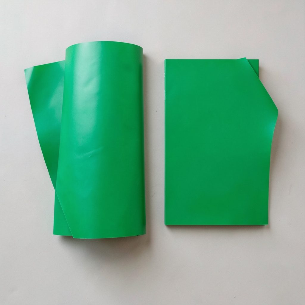 Green plastic film faced marine plywood board in a 4 by 8 sheet format