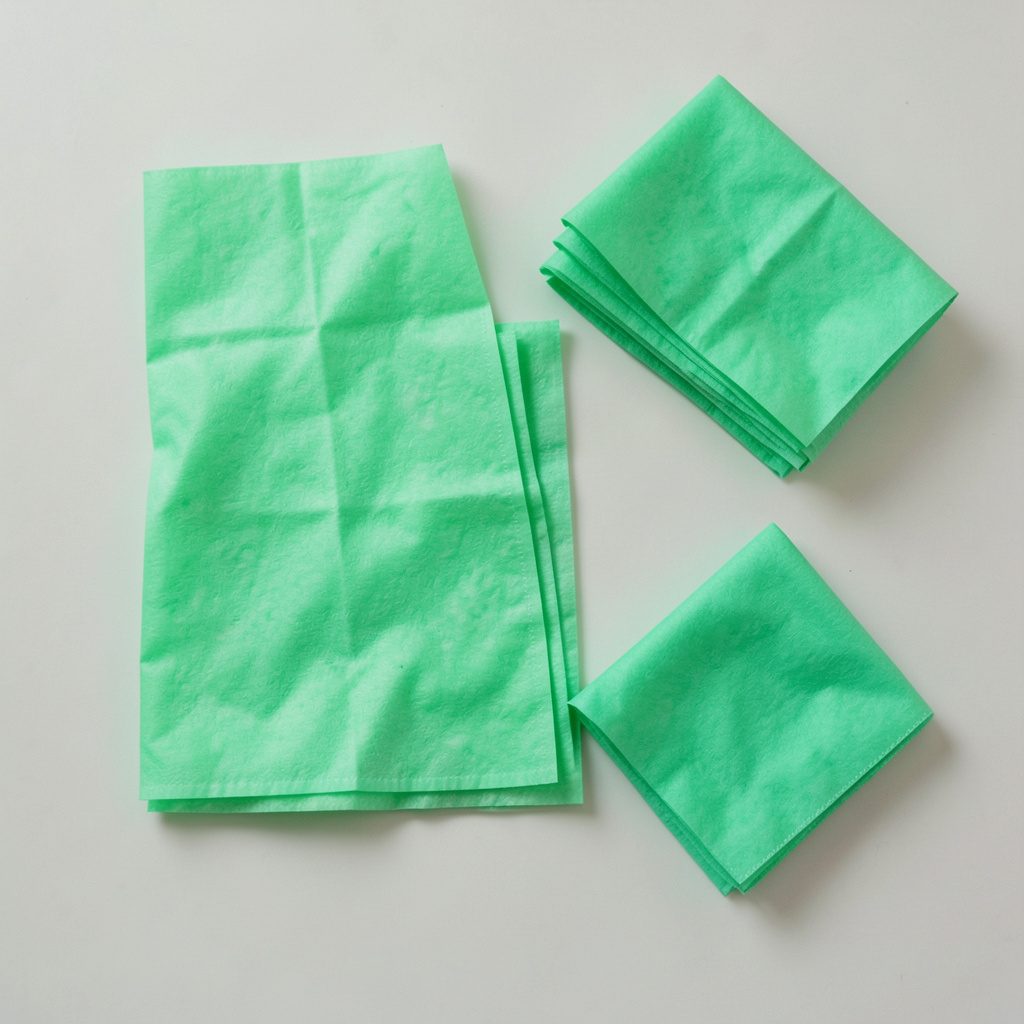 Pack of disposable disinfecting wipes in soft packaging, clean white and blue tones, flat-lay on light surface